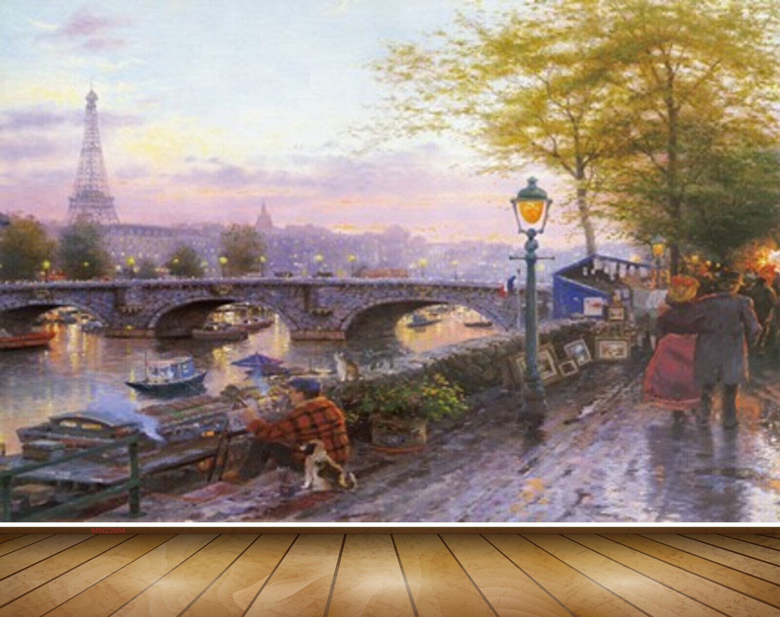Avikalp MWZ2684 City Tower Trees River Boat Bridge Lamps Sky Men Dog Cat Painting HD Wallpaper