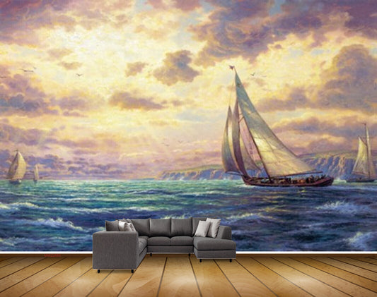 Avikalp MWZ2685 Sky Sea Boats Water Ocean Schooner Ship Painting HD Wallpaper