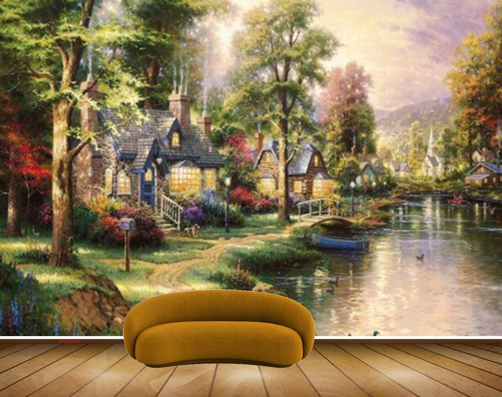 Avikalp MWZ2687 Mountains Clouds Trees Houses Grass Flowers Plants Off Road Vellay Dog Boat River Pond Lake Water Ducks Painting HD Wallpaper