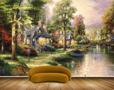 Avikalp MWZ2687 Mountains Clouds Trees Houses Grass Flowers Plants Off Road Vellay Dog Boat River Pond Lake Water Ducks Painting HD Wallpaper