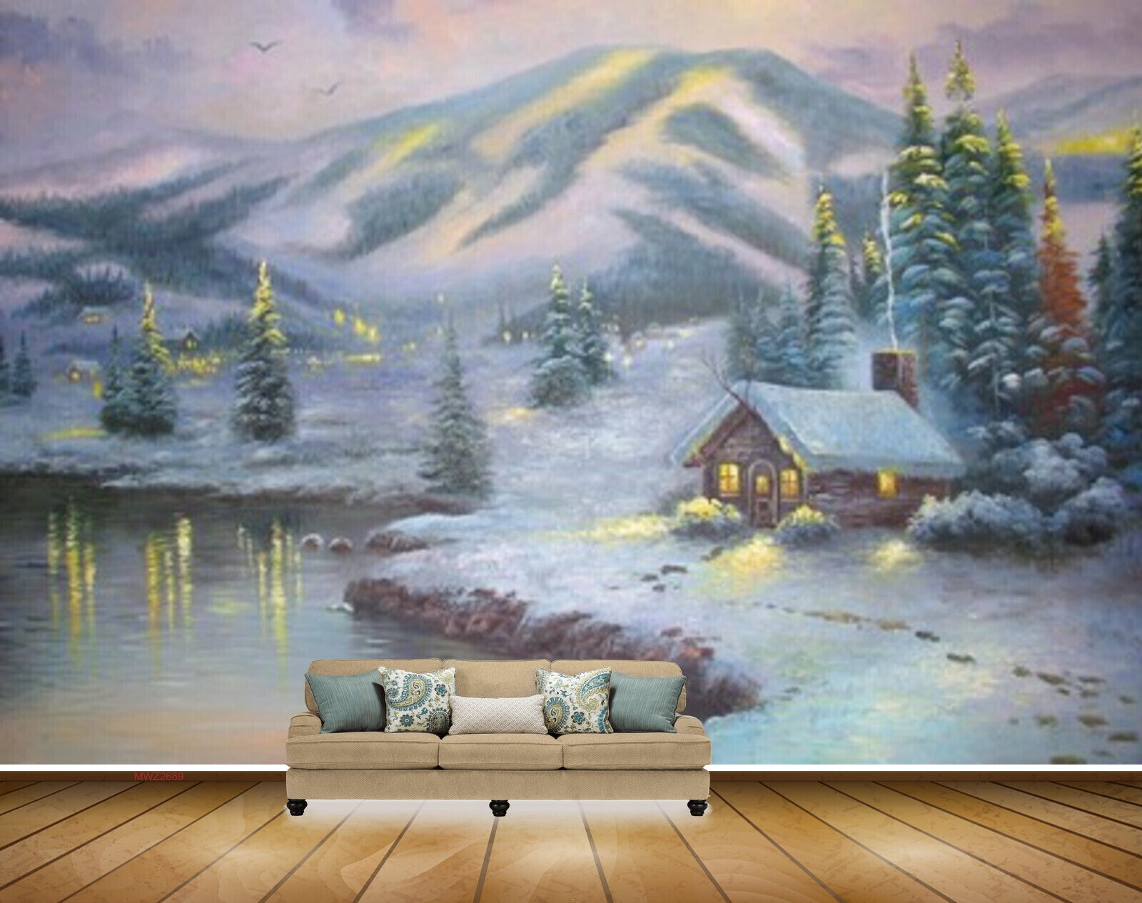 Avikalp MWZ2689 Snow Mountain Trees House River Pond Lake Water Window Lights Painting HD Wallpaper