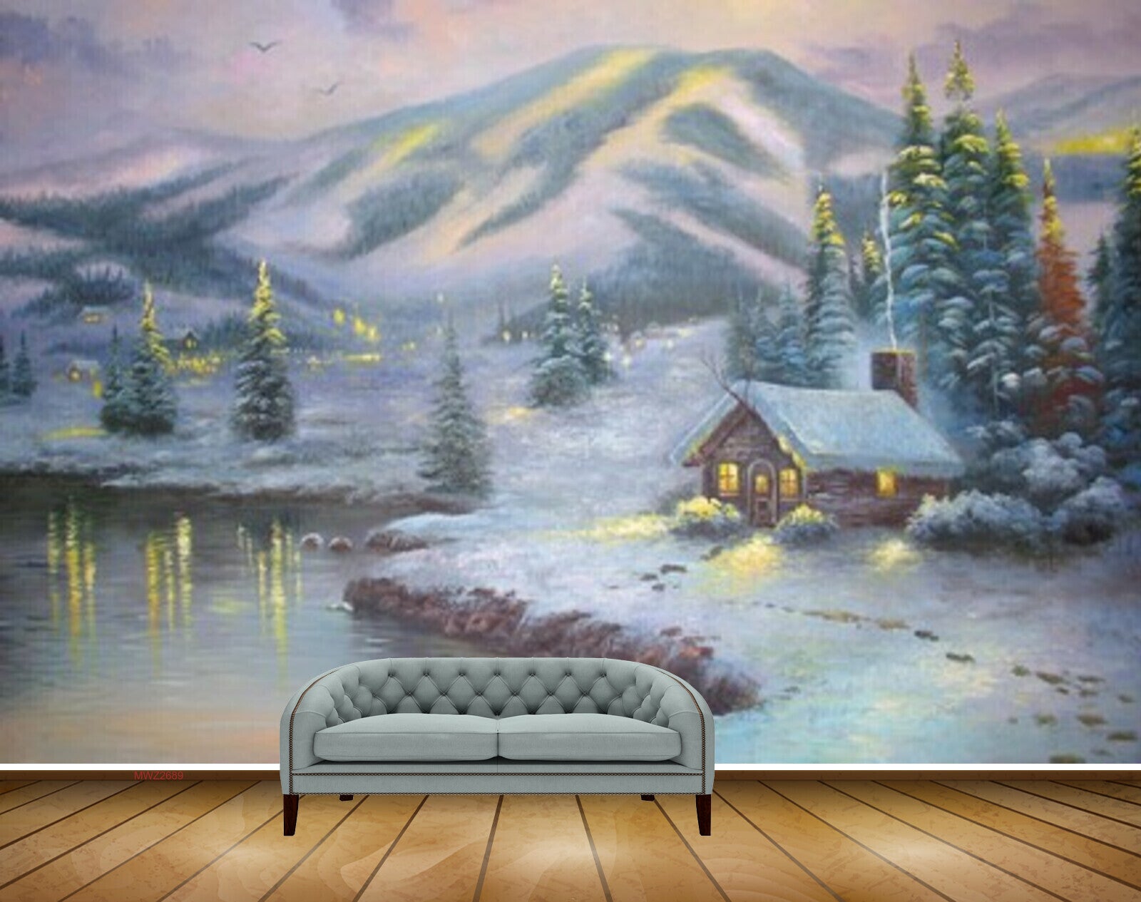 Avikalp MWZ2689 Snow Mountain Trees House River Pond Lake Water Window Lights Painting HD Wallpaper