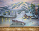 Avikalp MWZ2689 Snow Mountain Trees House River Pond Lake Water Window Lights Painting HD Wallpaper