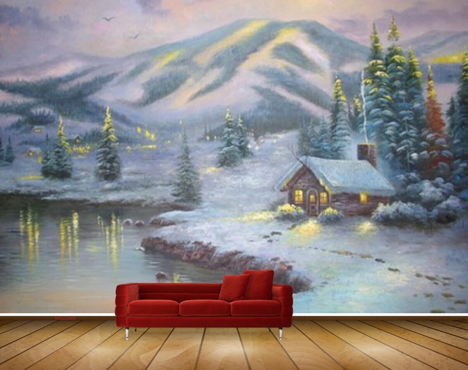Avikalp MWZ2689 Snow Mountain Trees House River Pond Lake Water Window Lights Painting HD Wallpaper