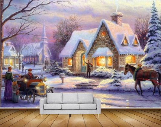 Avikalp MWZ2690 House Tree Horse People Bullockcart Road Window Light Snow Painting HD Wallpaper