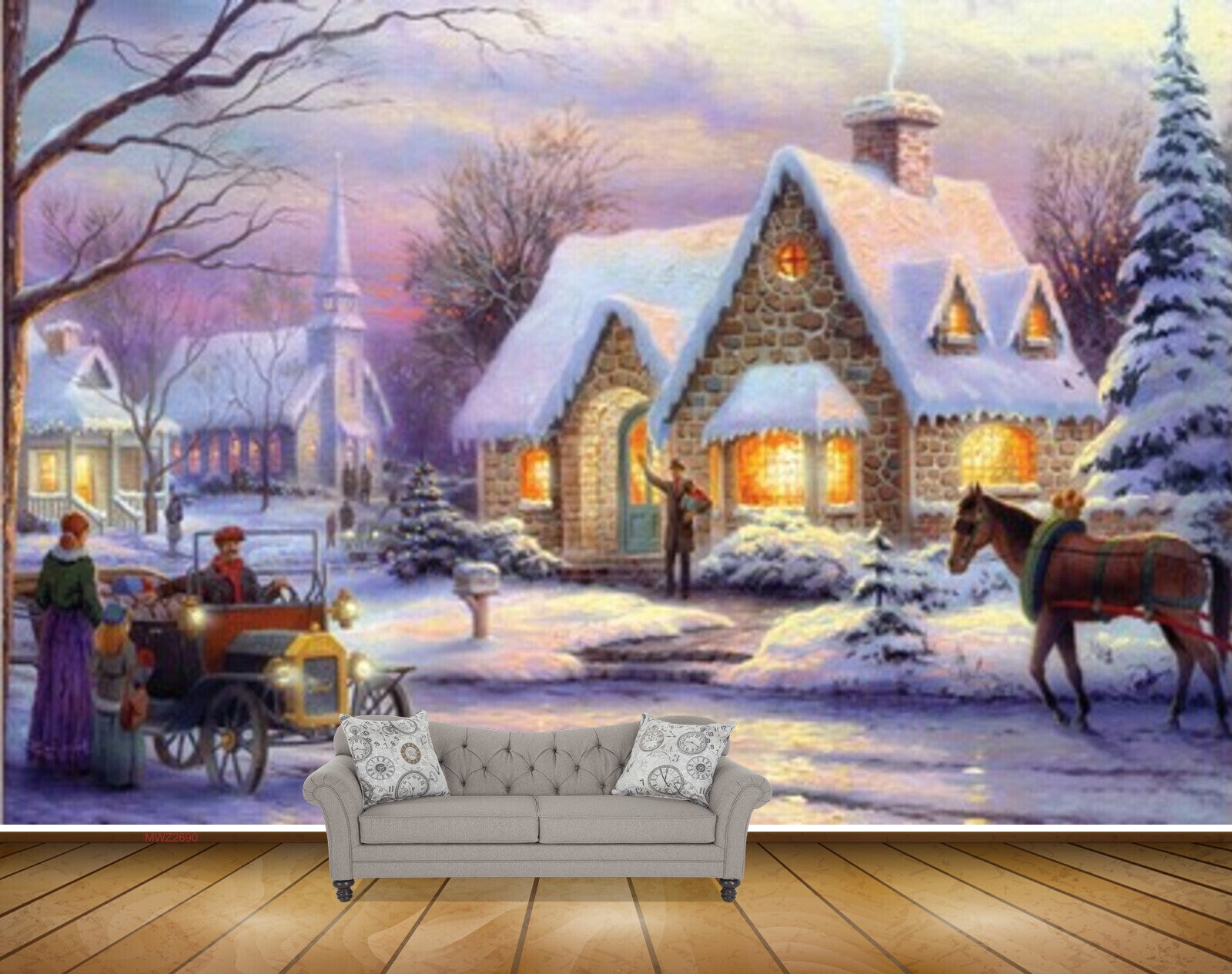 Avikalp MWZ2690 House Tree Horse People Bullockcart Road Window Light Snow Painting HD Wallpaper