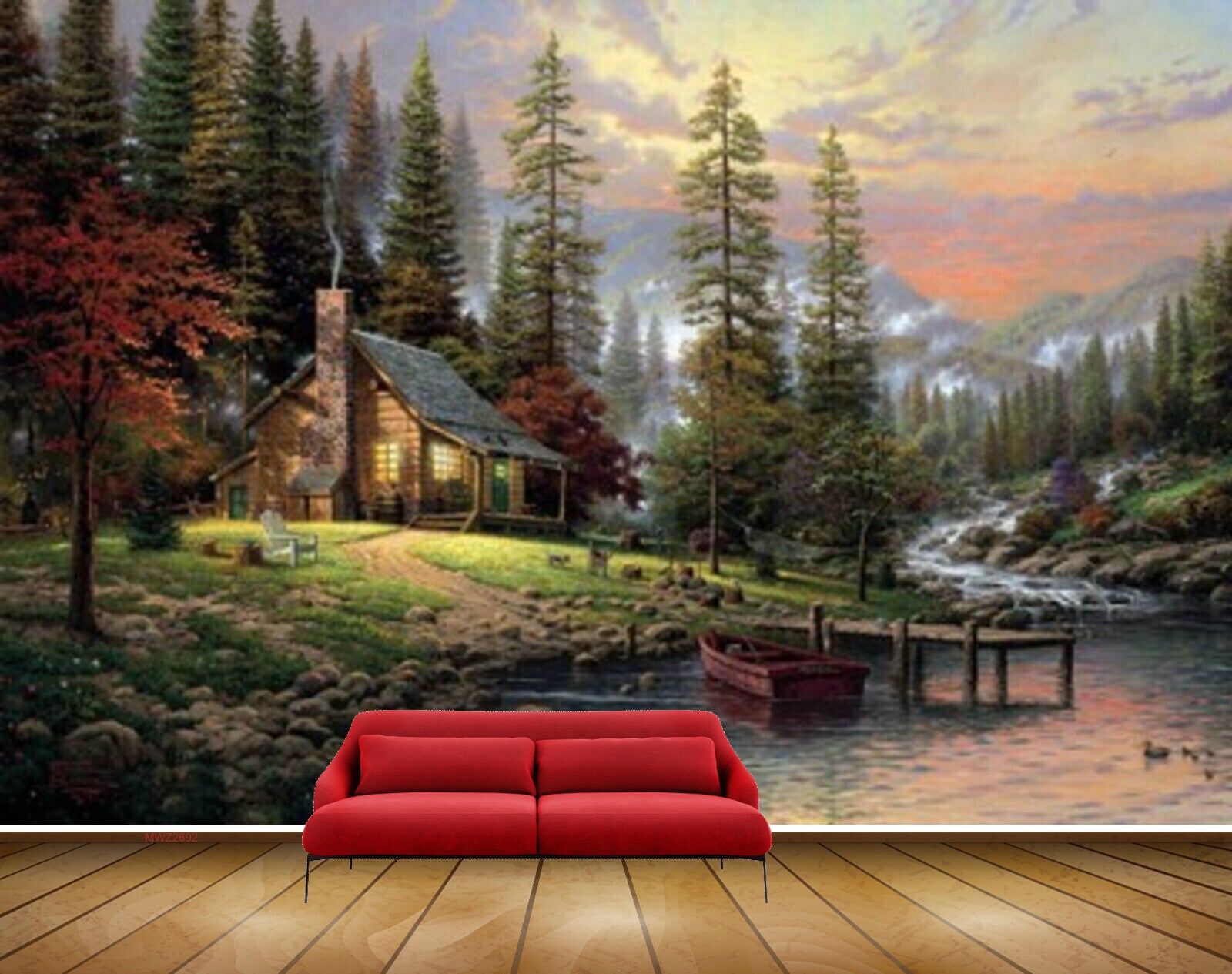 Avikalp MWZ2692 Trees Mountains Pond Çlouds Waterfalls Water Boat Wooden Ducks Stones House Chair Painting HD Wallpaper