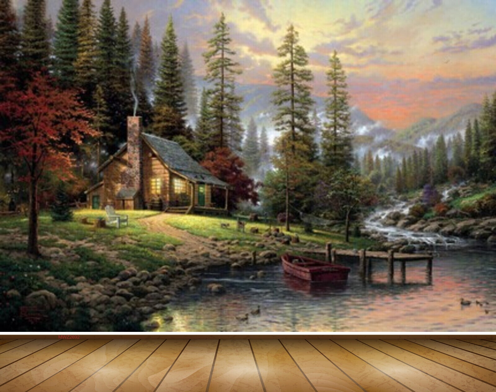 Avikalp MWZ2692 Trees Mountains Pond Çlouds Waterfalls Water Boat Wooden Ducks Stones House Chair Painting HD Wallpaper