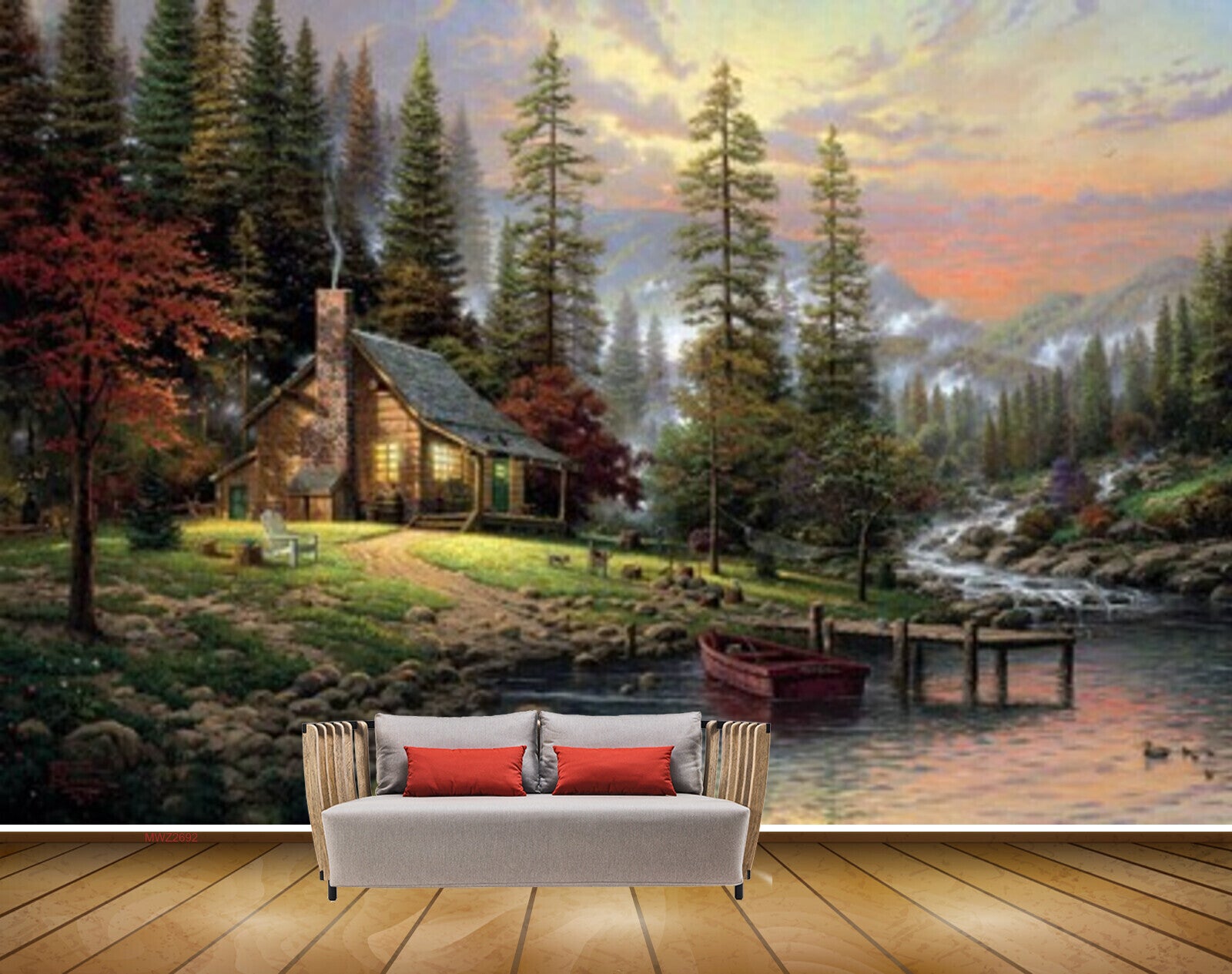 Avikalp MWZ2692 Trees Mountains Pond Çlouds Waterfalls Water Boat Wooden Ducks Stones House Chair Painting HD Wallpaper