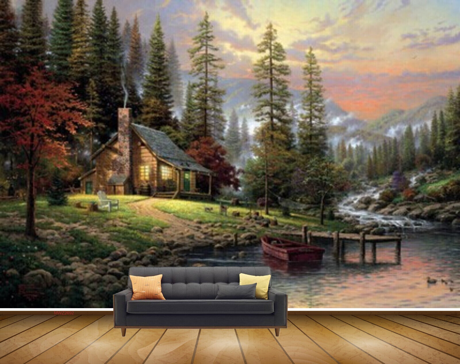 Avikalp MWZ2692 Trees Mountains Pond Çlouds Waterfalls Water Boat Wooden Ducks Stones House Chair Painting HD Wallpaper