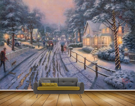 Avikalp MWZ2694 Houses Trees Road People Cars Dogs Plants Snowfalls Girls Umbrella Painting HD Wallpaper