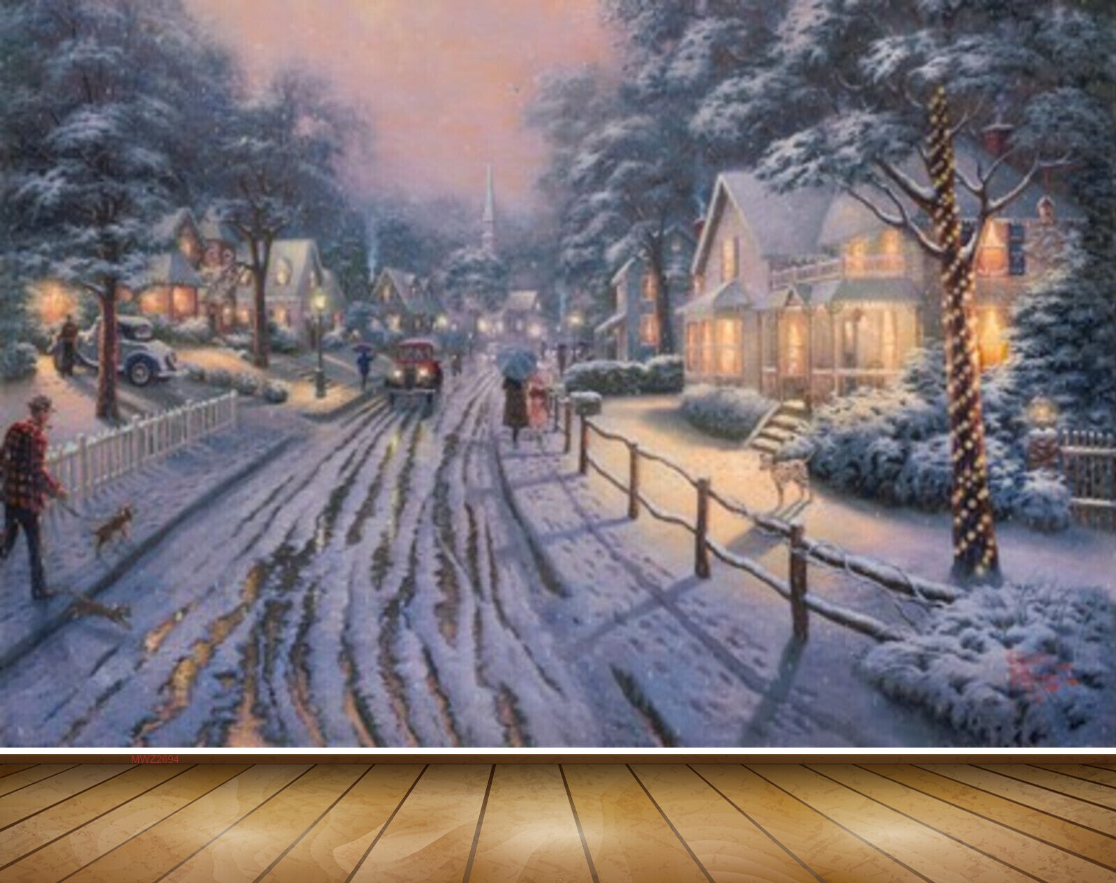 Avikalp MWZ2694 Houses Trees Road People Cars Dogs Plants Snowfalls Girls Umbrella Painting HD Wallpaper