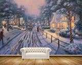 Avikalp MWZ2694 Houses Trees Road People Cars Dogs Plants Snowfalls Girls Umbrella Painting HD Wallpaper