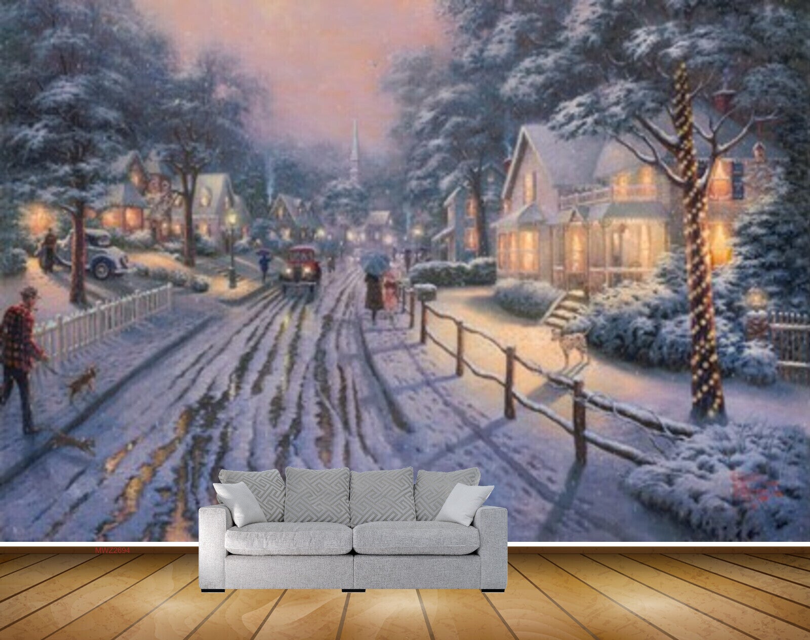 Avikalp MWZ2694 Houses Trees Road People Cars Dogs Plants Snowfalls Girls Umbrella Painting HD Wallpaper