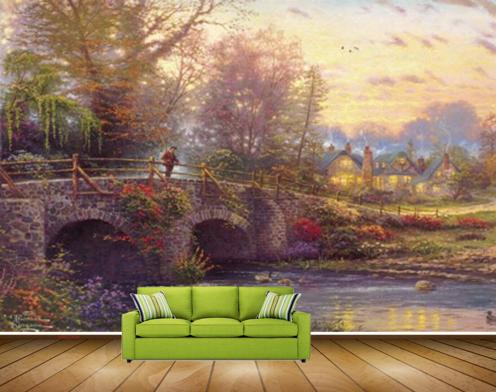 Avikalp MWZ2695 Trees Birds Culverts Men Bridge House Water River Flowers Ducks Grass Painting HD Wallpaper