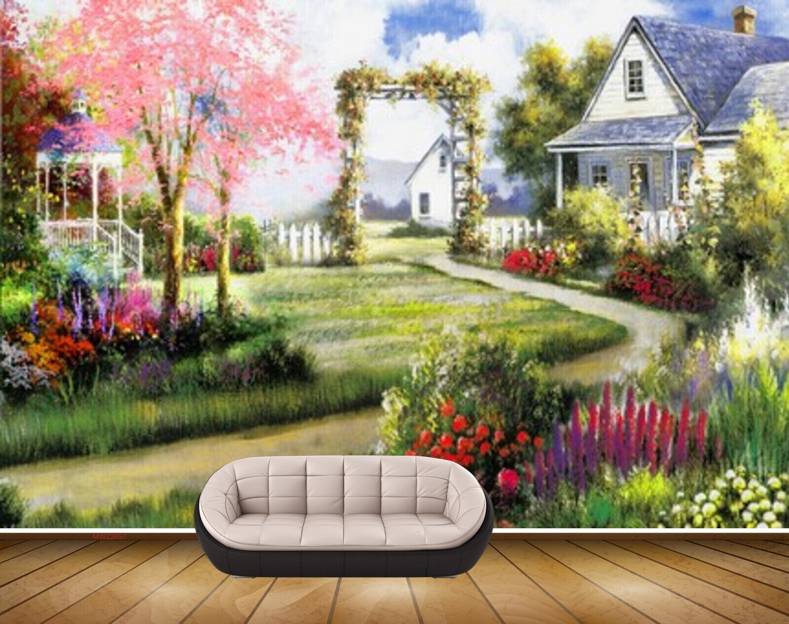 Avikalp MWZ2697 Pink Leaves Trees Flowers Houses Grass Garden Road Vellay Painting HD Wallpaper