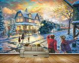 Avikalp MWZ2700 Houses Snow Trees People Road Train Dog Mountains Painting HD Wallpaper