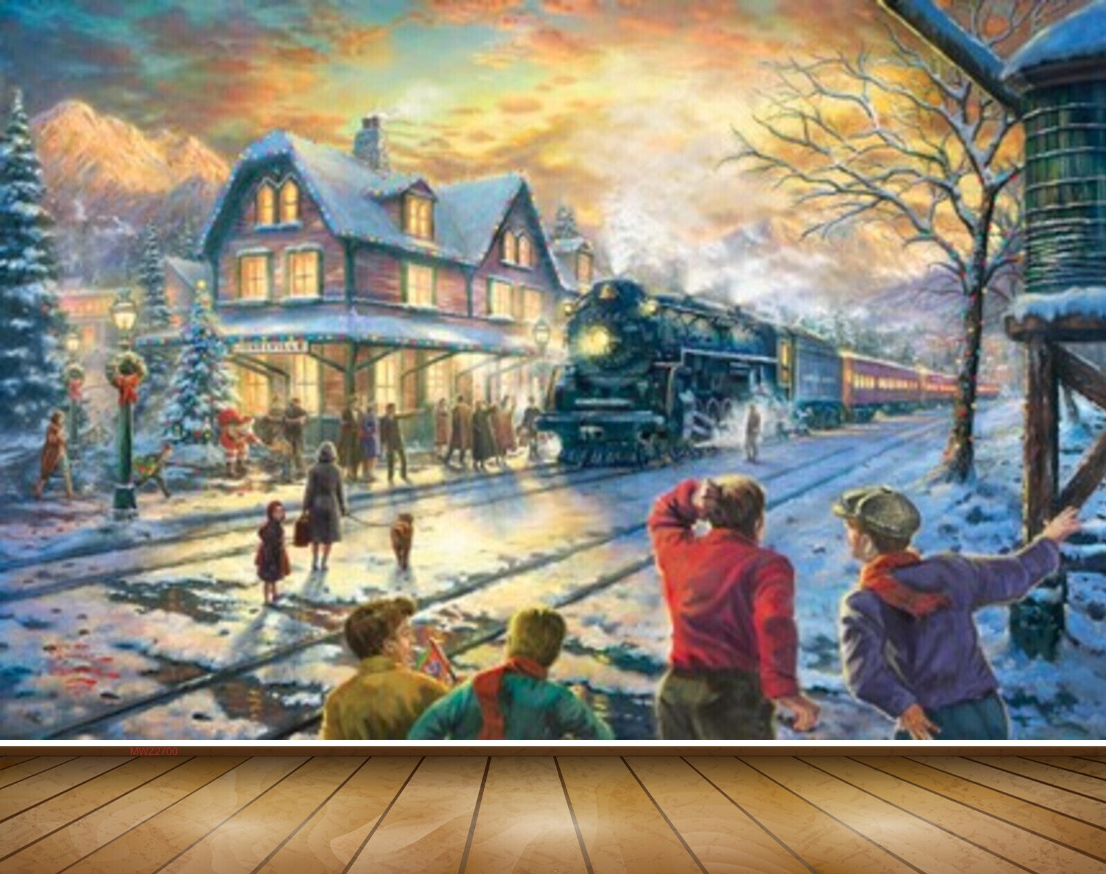 Avikalp MWZ2700 Houses Snow Trees People Road Train Dog Mountains Painting HD Wallpaper