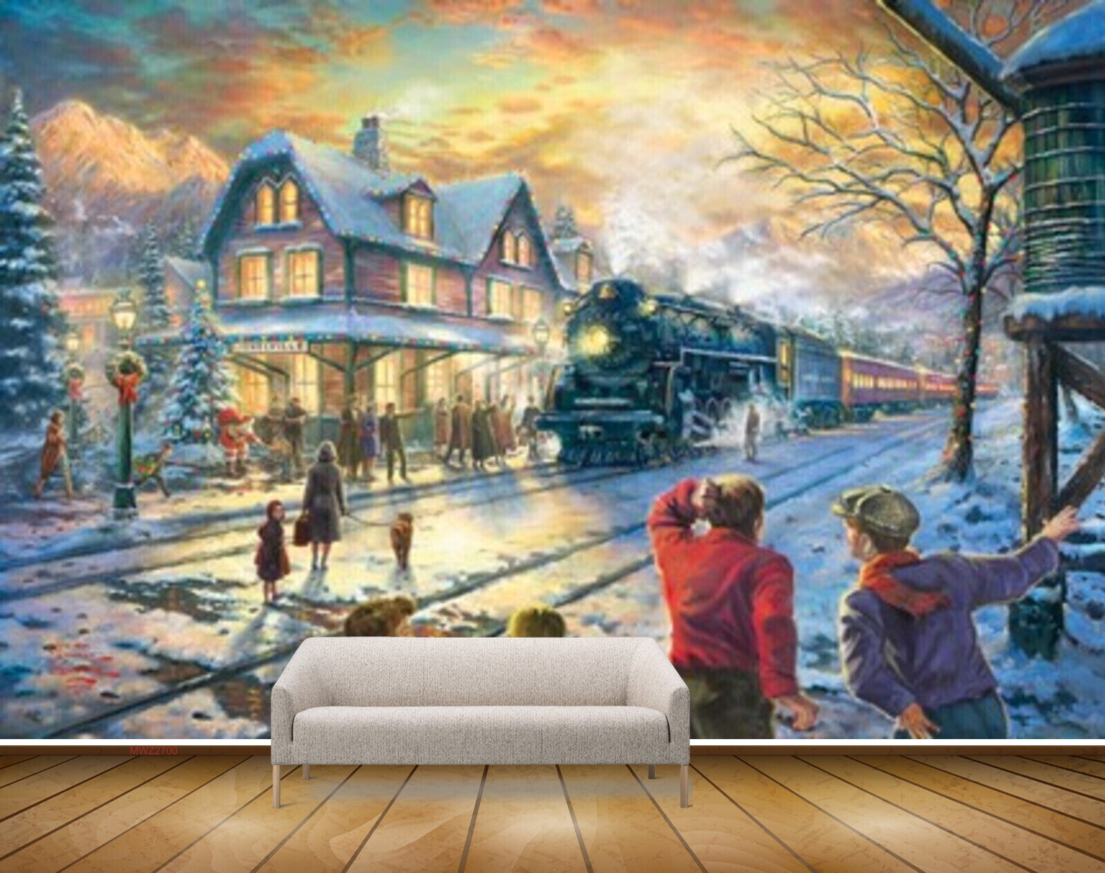 Avikalp MWZ2700 Houses Snow Trees People Road Train Dog Mountains Painting HD Wallpaper