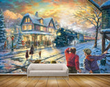 Avikalp MWZ2700 Houses Snow Trees People Road Train Dog Mountains Painting HD Wallpaper