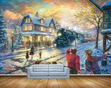 Avikalp MWZ2700 Houses Snow Trees People Road Train Dog Mountains Painting HD Wallpaper