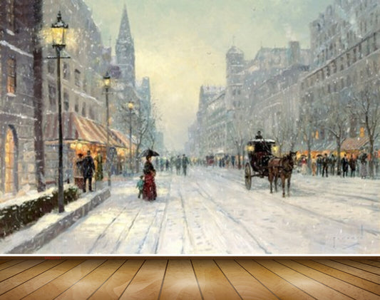 Avikalp MWZ2701 Buildings Horsecart People Trees Lamp Road Shops Snow Snowfalls Painting HD Wallpaper