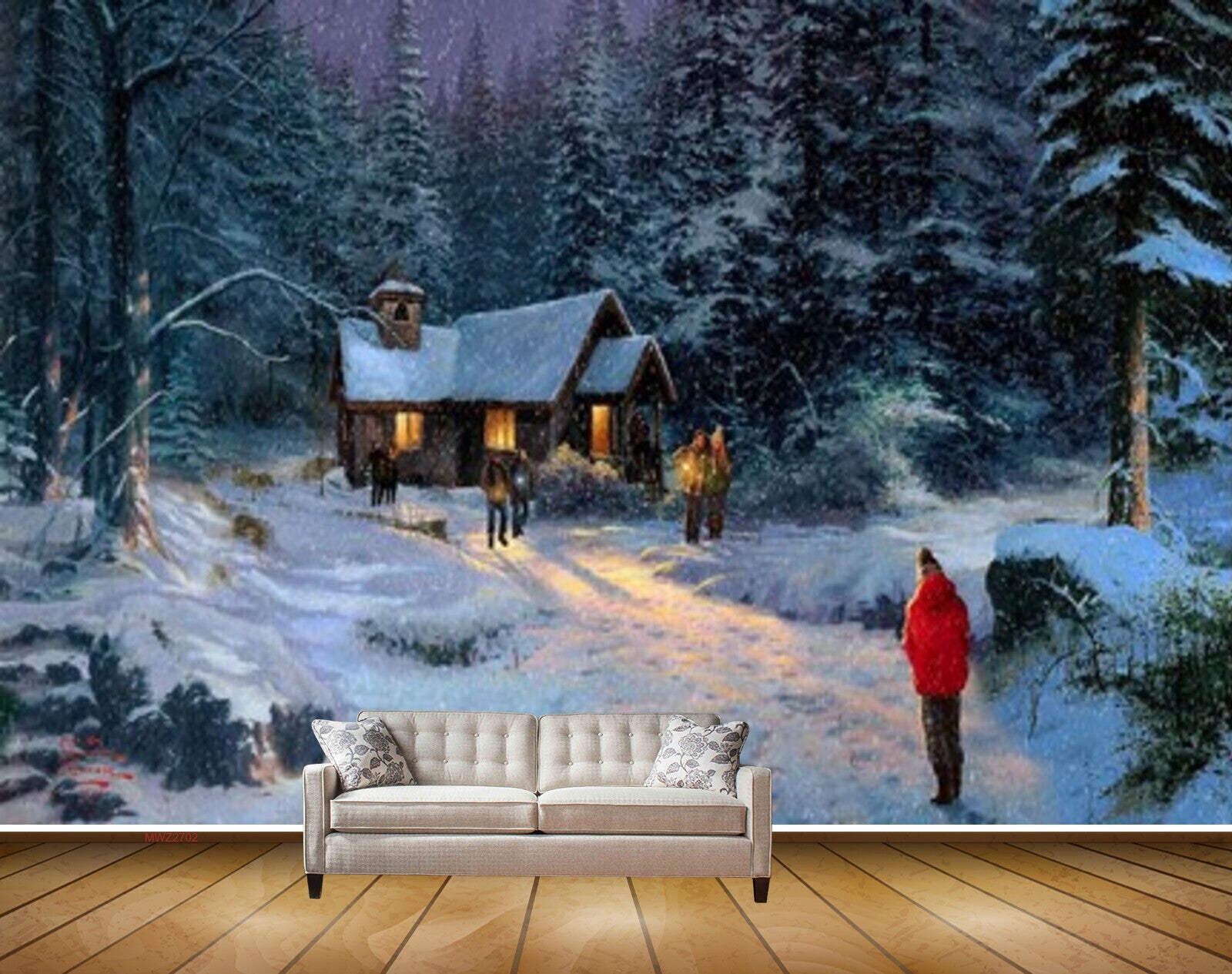 Avikalp MWZ2702 Trees Lamp House Snow People Snowfalls Tourch Painting HD Wallpaper