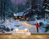 Avikalp MWZ2702 Trees Lamp House Snow People Snowfalls Tourch Painting HD Wallpaper