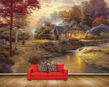 Avikalp MWZ2703 Houses Sun Purple Red Green Trees Flowers Plants River Water Pond Lamps Grass Ducks Painting HD Wallpaper