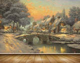 Avikalp MWZ2704 Snow Snowfalls Houses Bridge Trees River Pond Water Painting HD Wallpaper