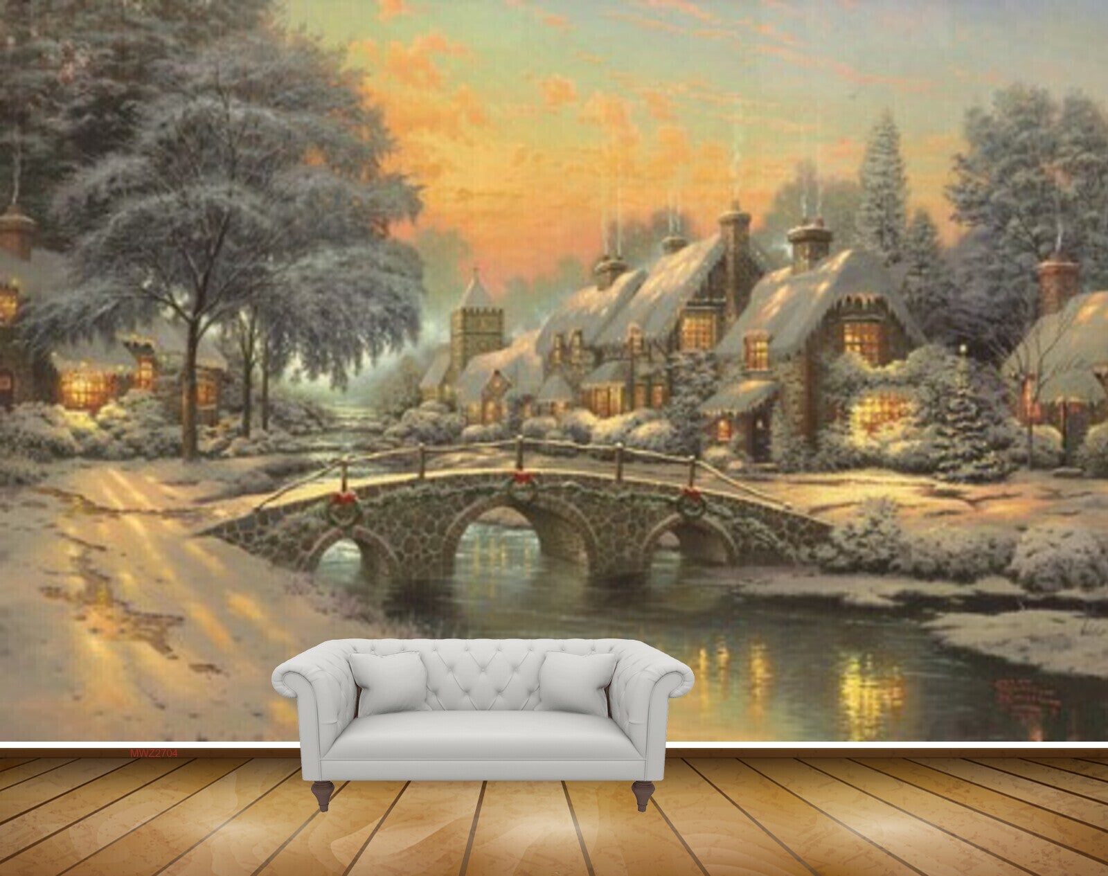 Avikalp MWZ2704 Snow Snowfalls Houses Bridge Trees River Pond Water Painting HD Wallpaper