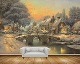 Avikalp MWZ2704 Snow Snowfalls Houses Bridge Trees River Pond Water Painting HD Wallpaper