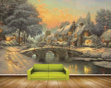 Avikalp MWZ2704 Snow Snowfalls Houses Bridge Trees River Pond Water Painting HD Wallpaper