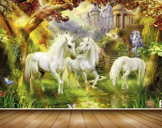 Avikalp MWZ2706 Horses Trees Grass House Pond Butterfly Birds Sun Light Painting HD Wallpaper