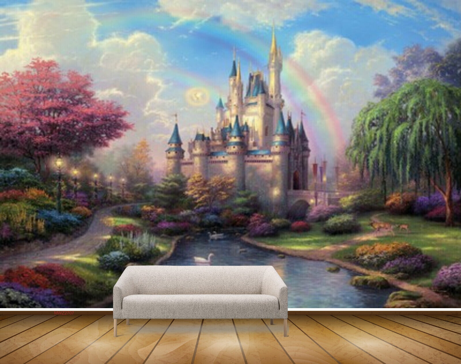 Avikalp MWZ2707 Rainbow Temple Trees Ponds Water Duck Plants Grass Garden Deers Lamps Clouds Painting HD Wallpaper