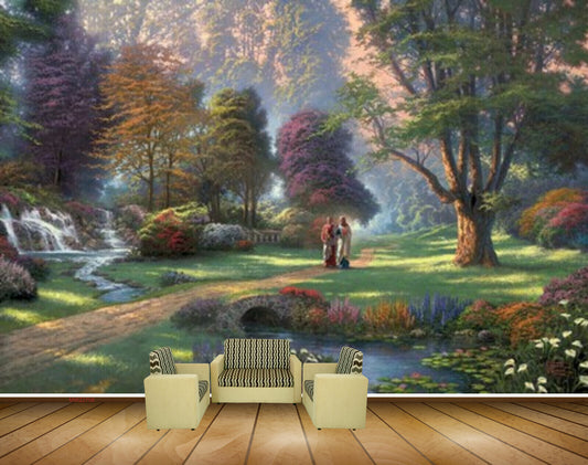 Avikalp MWZ2708 Trees Grass People Waterfalls Flowers River Water Garden Painting HD Wallpaper