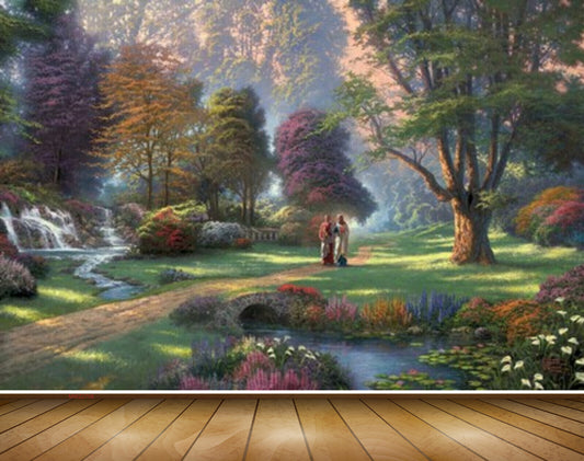 Avikalp MWZ2708 Trees Grass People Waterfalls Flowers River Water Garden Painting HD Wallpaper