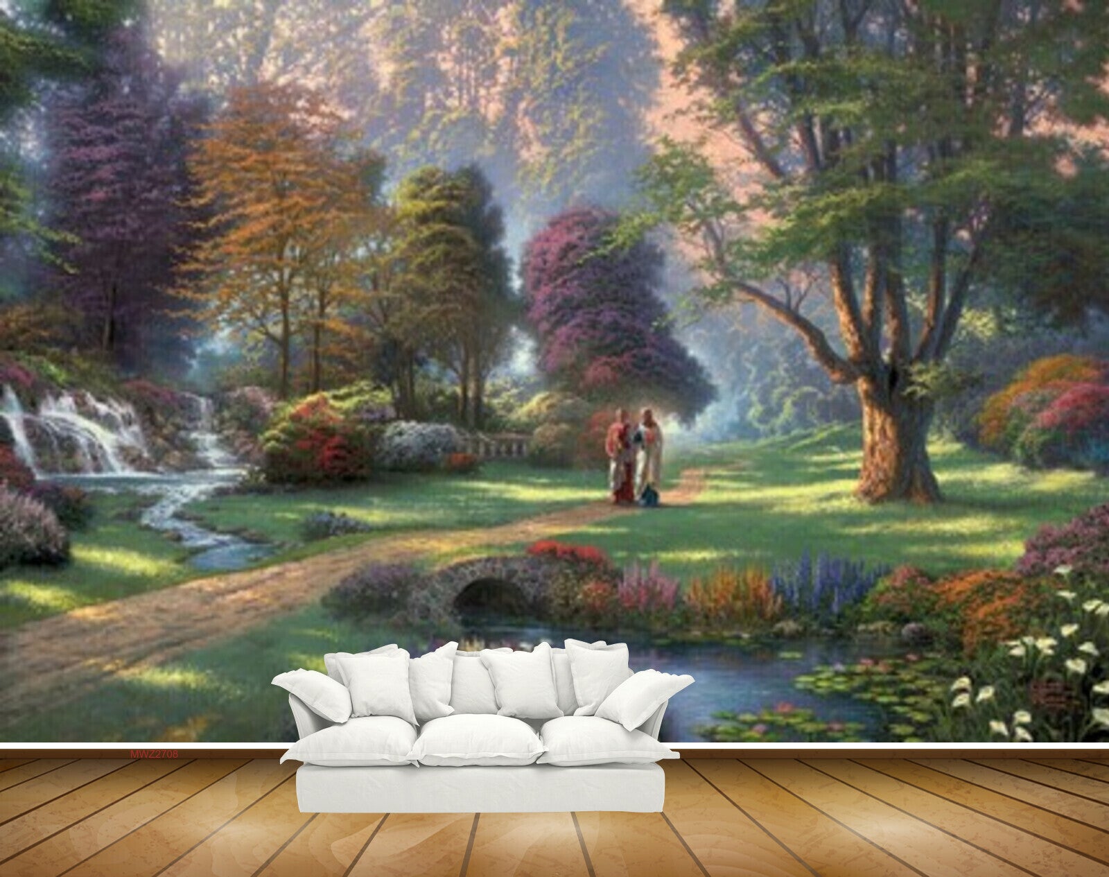 Avikalp MWZ2708 Trees Grass People Waterfalls Flowers River Water Garden Painting HD Wallpaper