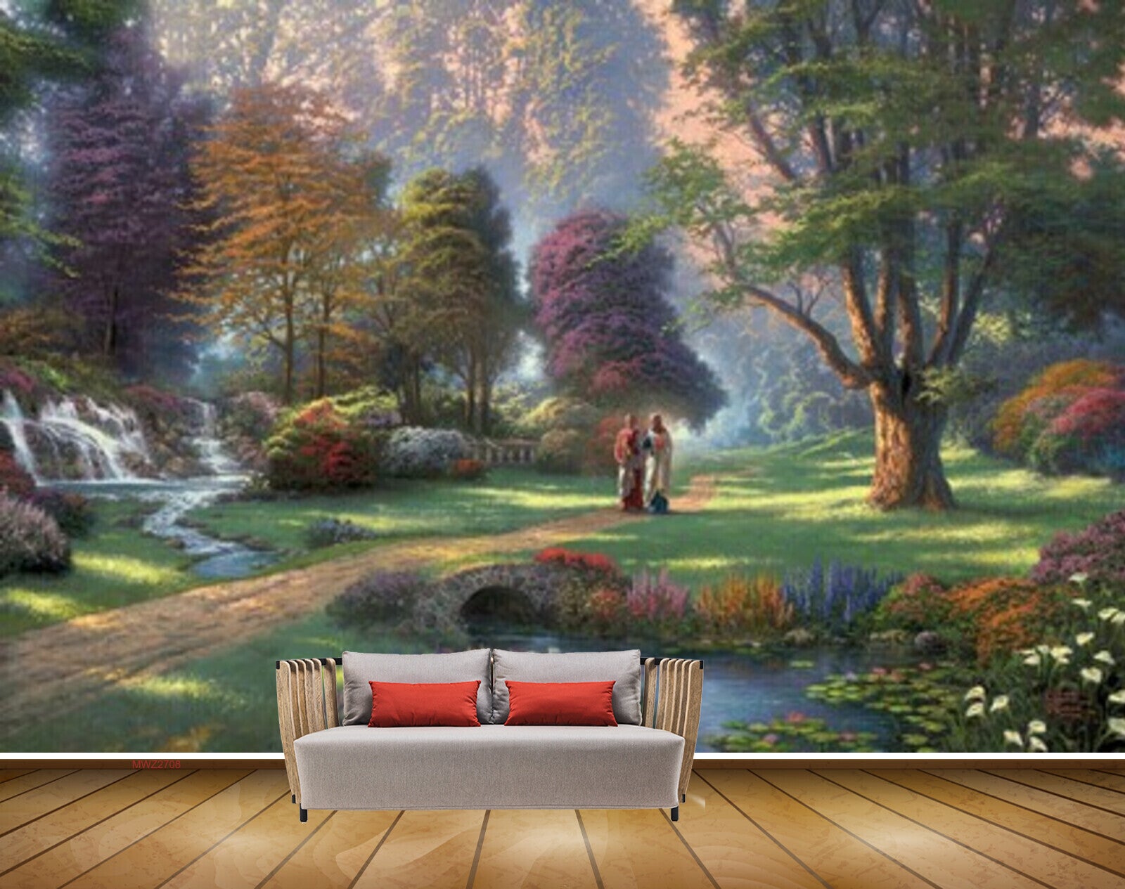 Avikalp MWZ2708 Trees Grass People Waterfalls Flowers River Water Garden Painting HD Wallpaper