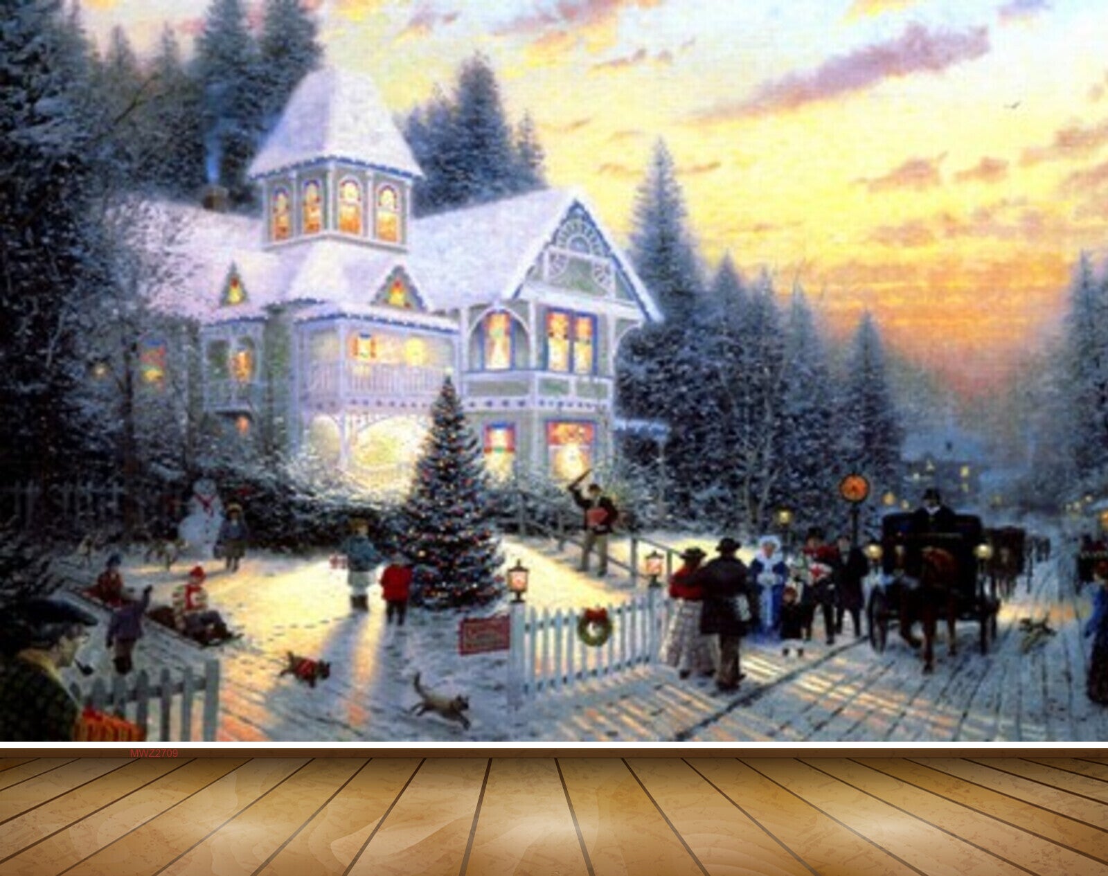 Avikalp MWZ2709 Houses Trees People Sky Christmas Tree Dog Cat Lamps Road Horsecart Snow Painting HD Wallpaper