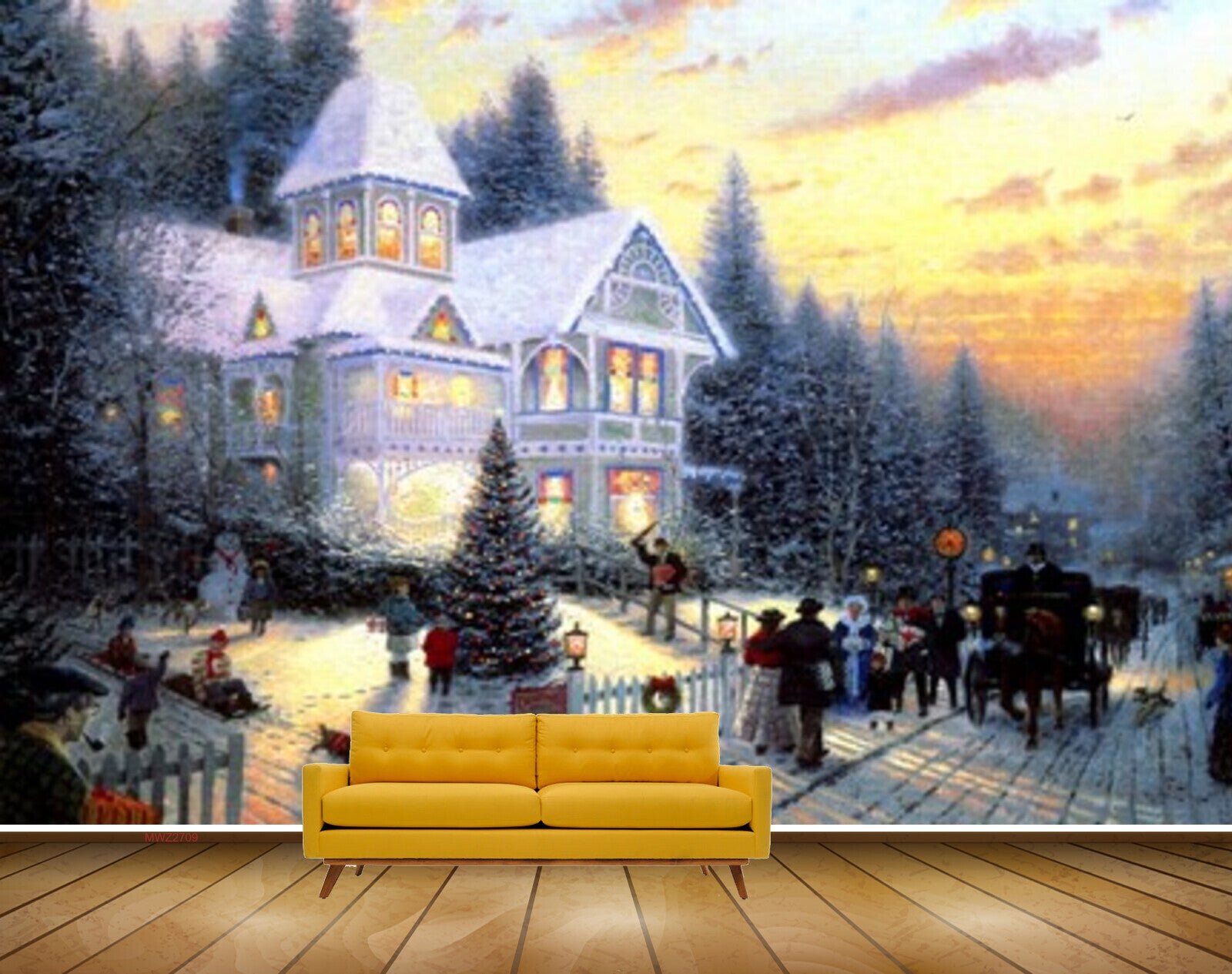 Avikalp MWZ2709 Houses Trees People Sky Christmas Tree Dog Cat Lamps Road Horsecart Snow Painting HD Wallpaper