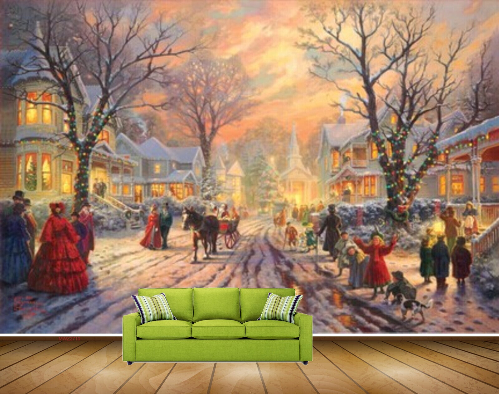 Avikalp MWZ2710 Snow Trees People Dog Houses Horsescart Road Painting HD Wallpaper