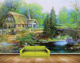Avikalp MWZ2711 Houses Trees Grass Flowers Culvert Bridge River Pomd Water Stones Plants Painting HD Wallpaper