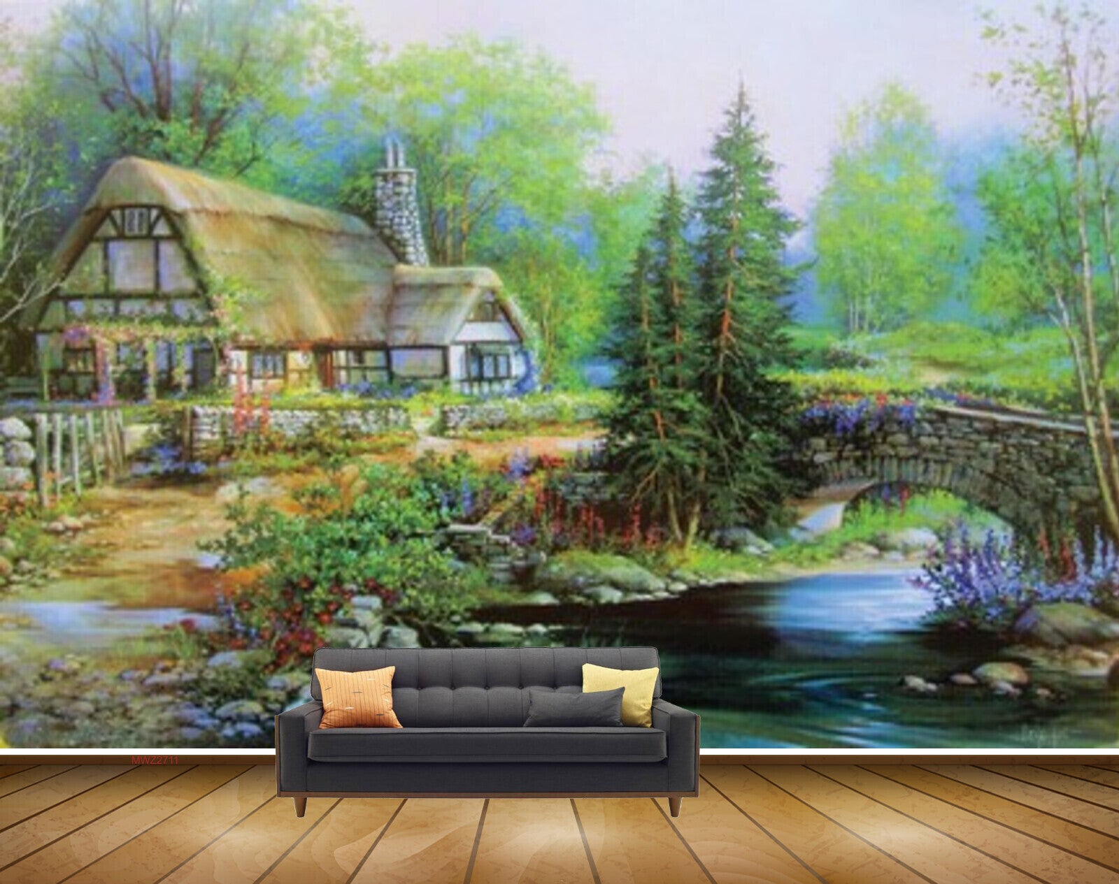 Avikalp MWZ2711 Houses Trees Grass Flowers Culvert Bridge River Pomd Water Stones Plants Painting HD Wallpaper