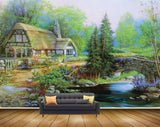 Avikalp MWZ2711 Houses Trees Grass Flowers Culvert Bridge River Pomd Water Stones Plants Painting HD Wallpaper