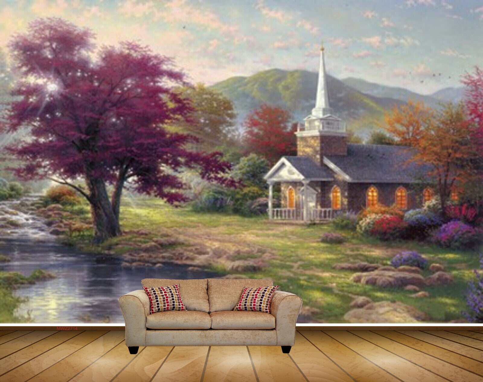Avikalp MWZ2714 House Pond Water Treed Orange Purple Leaves Trees Clouds Mountains Grass Painting HD Wallpaper