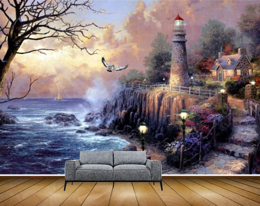 Avikalp MWZ2715 Trees River Sea Water Birds Lamps House Flowers Sunlight Clouds Stones Painting HD Wallpaper