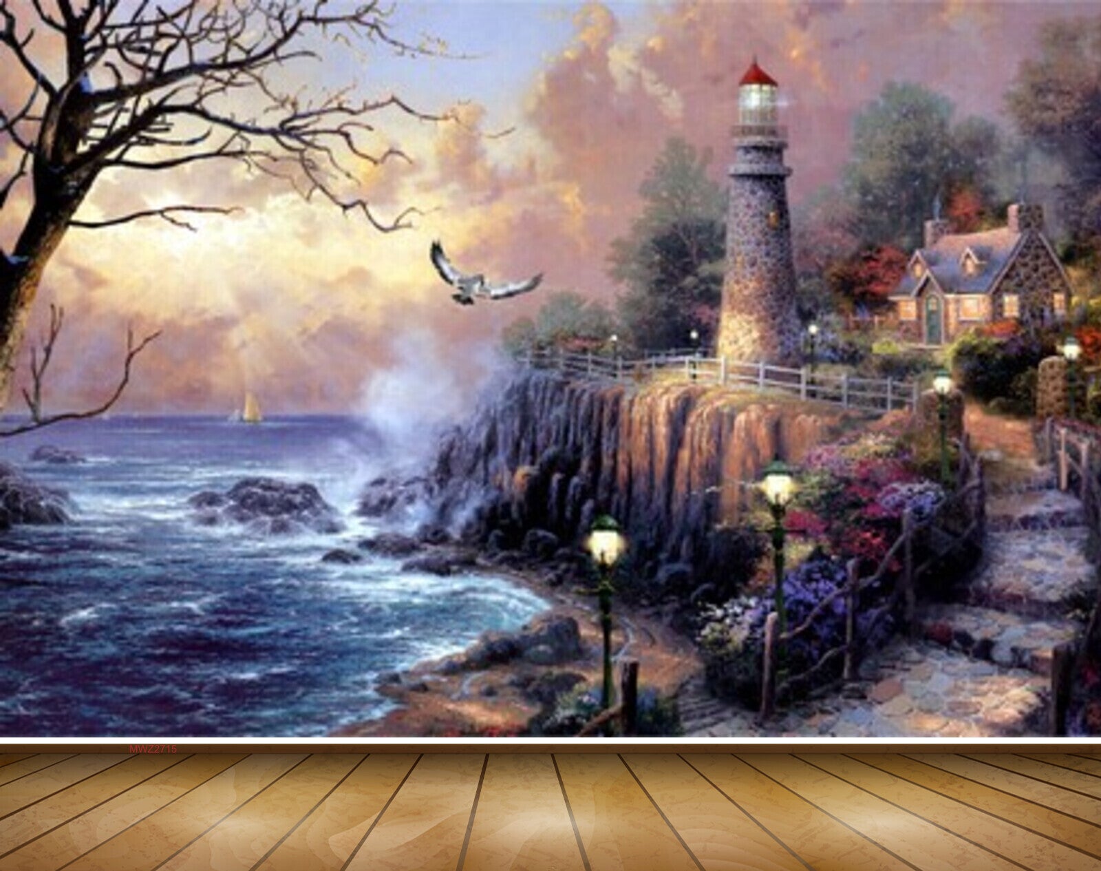 Avikalp MWZ2715 Trees River Sea Water Birds Lamps House Flowers Sunlight Clouds Stones Painting HD Wallpaper