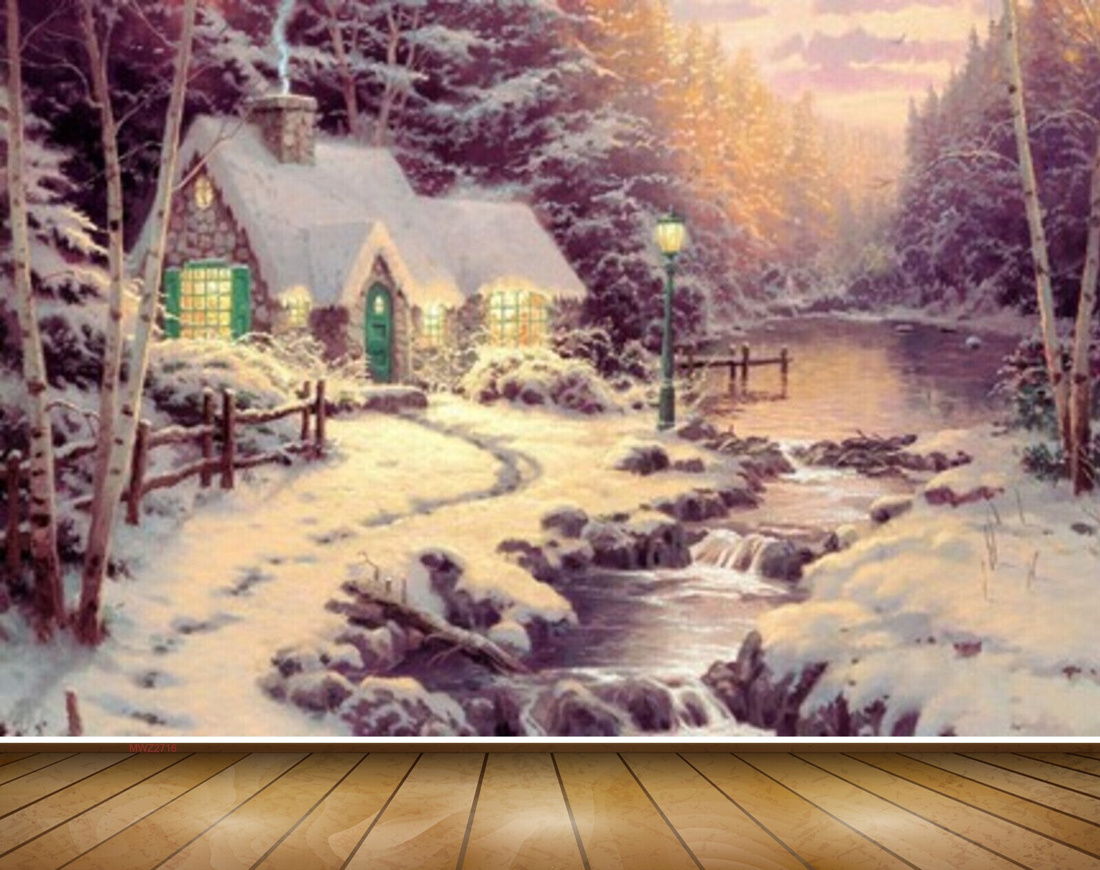 Avikalp MWZ2716 Houses Snows Trees River Pond Water Lamps Stones Painting HD Wallpaper