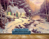 Avikalp MWZ2716 Houses Snows Trees River Pond Water Lamps Stones Painting HD Wallpaper